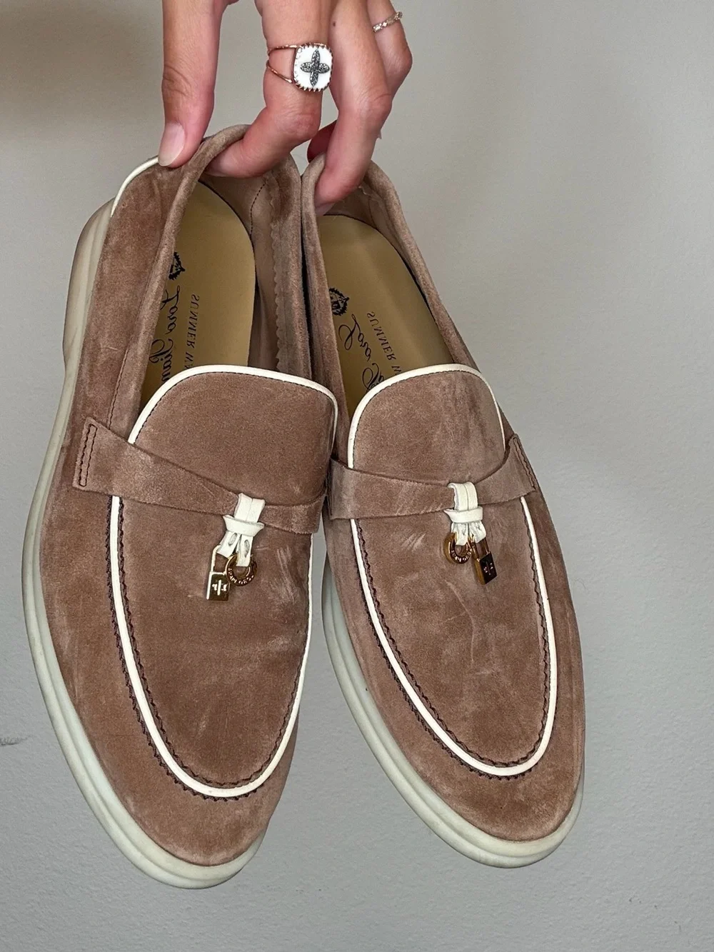 Loro Piana Suede Tassel Loafers in Taupe with Cream Trim